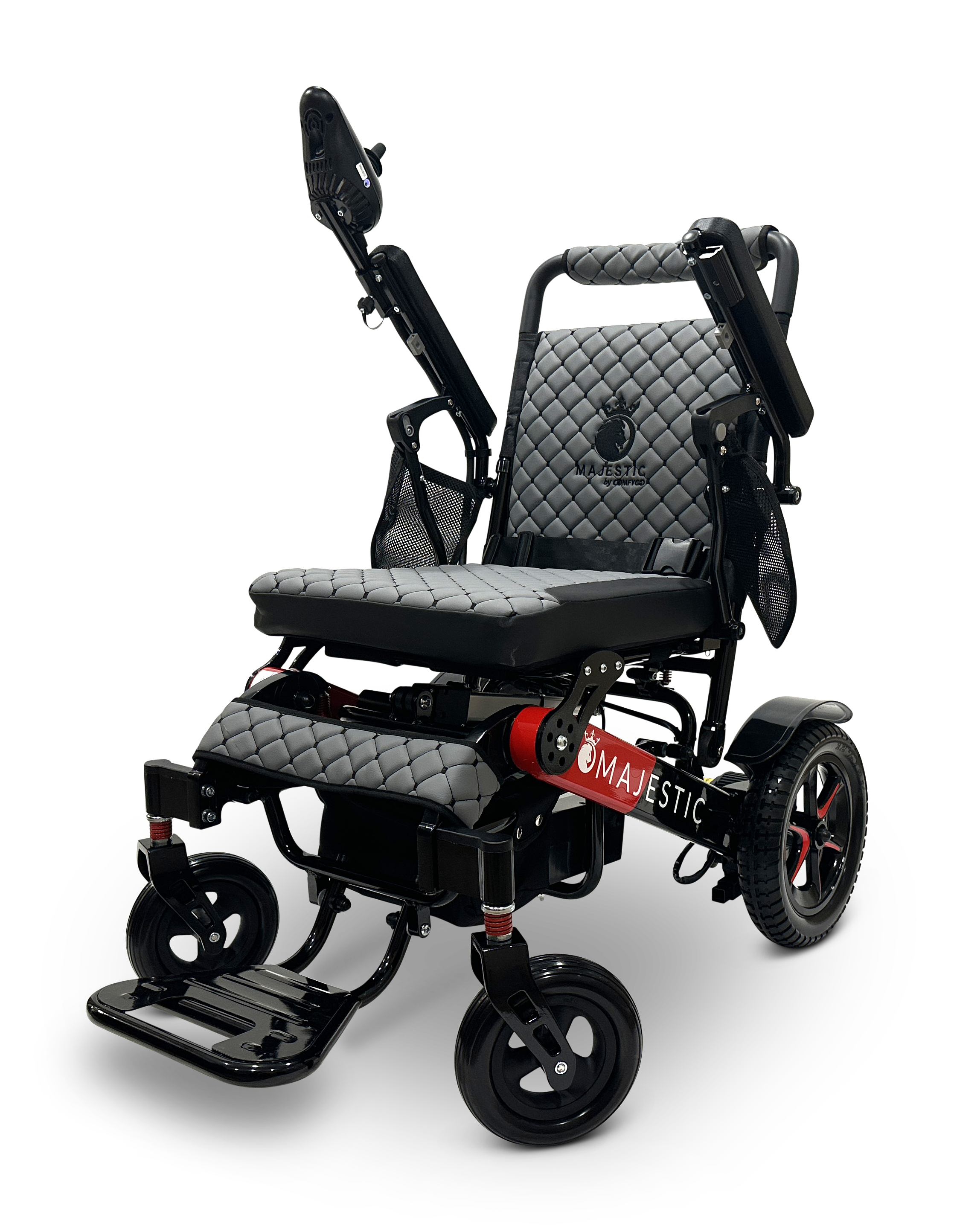The MAJESTIC IQ-7000 Remote Controlled Electric Wheelchair features a sleek black design with quilted padding, adjustable armrests and footrests, and a lightweight structure. It also includes auto-folding capabilities with the Majestic logo on the side, red accents, and large wheels perfect for both indoor and outdoor use.